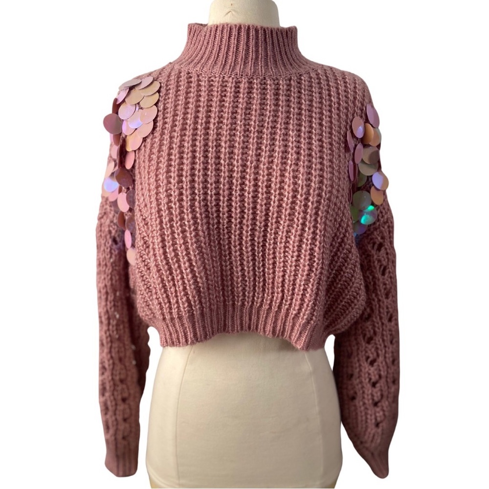 SHEIN wool-like destroyed cropped sweater iridescent paillettes mauve size M